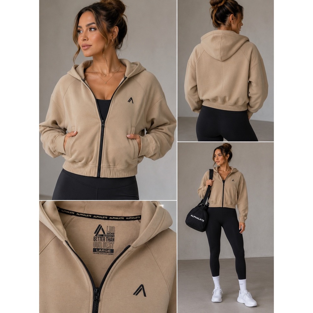 Alphalete LDB More Elements Full Zip Cropped Hoodie Tan Large